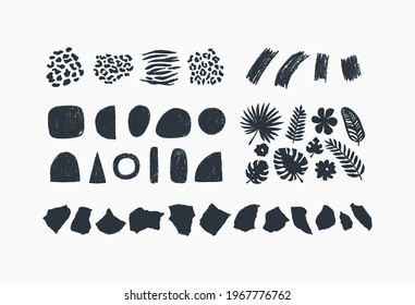 
Abstract elements collection. Contemporary design elements. Geometric shapes, tropical plants, collage paper, animal texture. Vector illustration
