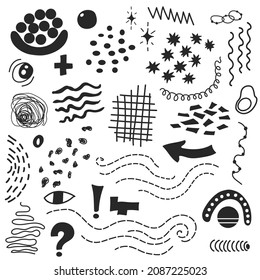 Abstract elements and figures set. Vector bundle with lines, waves, plus, stripes, curves, grid, arrow, stars, dots, eye. Doodle art