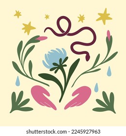 Abstract elements and flowers, card with mystic contemporary composition. Trendy mysterious interior square poster, wall art with magic fantasy leaf, snake, stars, shapes. Flat vector illustration