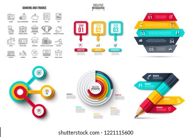 Abstract elements of graph, diagram with 3, 4 and 5 steps, options, parts or processes. Vector business template for presentation. Creative concept for infographic.