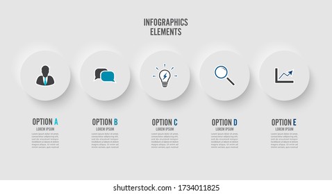 Elementos abstractos de la plantilla gráfica infográfica con círculos integrados de etiqueta. Concepto de negocio con 5 opciones. Para contenido, diagrama, diagrama de flujo, pasos, partes, infografía de línea de tiempo, diseño de flujo de trabajo.