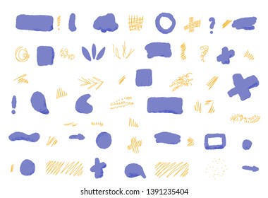 Abstract elements and lines set. Doodle artistic shapes and graphic textured signs. Vector different symbols for banner, poster, card, invitation, placard, brochure, flyer, print. 