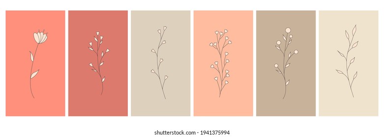 Abstract elements, minimalistic simple floral elements. leaves and flowers. Collection of art posters in pastel colors. design for social networks, postcards, prints. Outline, line, doodle style. 