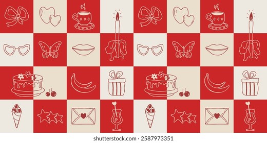Abstract elements for parties in the doodle style. invitations, bright banner about summer, postcard, invitation, plant, cocktails in a minimalist style. modern, icons: bow, cocktail, dessert, gift  