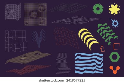 Abstract elements retro futuristic set. Collection of y2k shapes for nostalgic design. Basic graphic form. Vector figures isolation illustration.