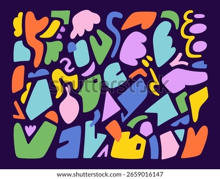Abstract elements with retro style and bright colors. Hand drawn brutalist shape collection. Groovy curves for background and design.