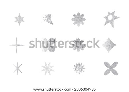 Abstract elements with sand grain texture, y2k retro grunge dotwork gradient. Stars flowers. pointillism holographic blur .