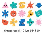 Abstract elements set. Star, flower, cloud shapes sticker pack. Groovy funky flower, bubble, star, loop, waves with cartoon faces. Trendy retro 90s 00s cartoon style.