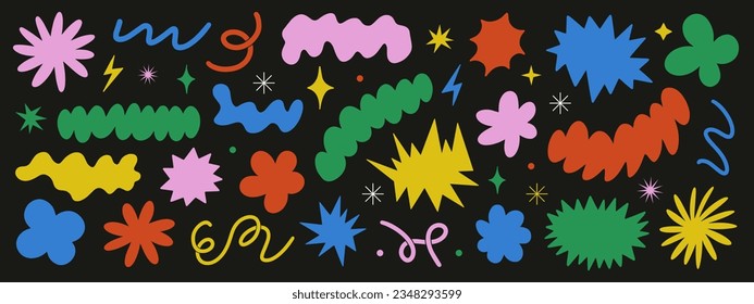 Abstract elements set. Star, flower, cloud shapes sticker pack. Groovy funky flower, bubble, star, loop, waves. Trendy retro 90s 00s cartoon style. Vector illustration