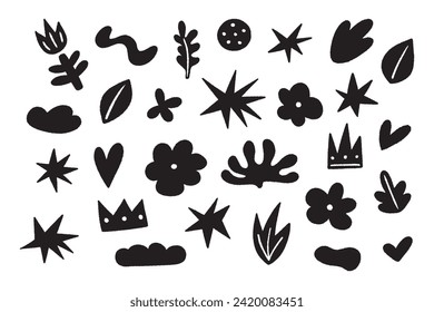 Abstract elements set. Star, flower, leaf, cloud, crown shapes. Hand drawn doodle vector illustration.