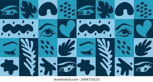 Abstract elements and simple shapes in blue colors. Modern style shapes, minimalist retro design for poster, postcard, book, certificate.