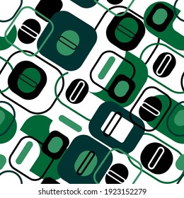 
Abstract elements of square and oval shape in black and green on a white background. Geometric seamless pattern. For textiles, wallpapers and backgrounds.