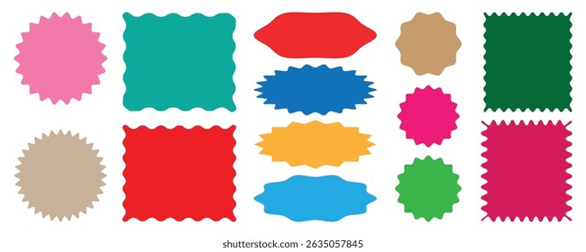 Abstract Elements for Template, Stickers, Promo Design, Collection of colourful abstract zig zag wavy frames in different shapes with space for text. Vector illustrations set isolated on white backgro