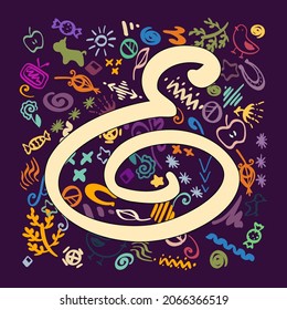 Abstract elements vector elements vector poster on the purple background. Flora, dogs, fish, candy, apple plant, sun symbols with letter E in the middle.  Decorative card. Style.