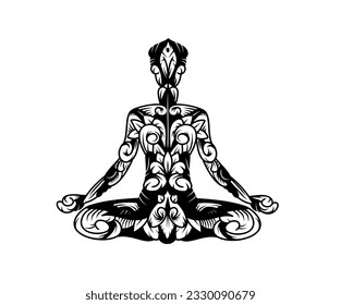 abstract elements of yoga or meditation poses in black and white color silhouettes