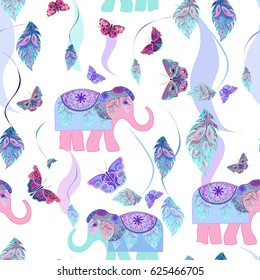 Abstract elephant, feathers, leaves, design for prints, seamless pattern, vector illustration,covers indian product, textile texture, paper, wrapper