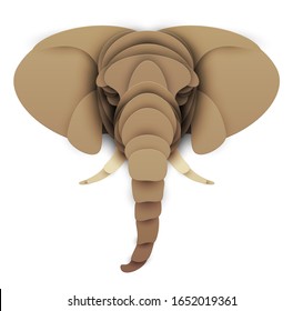 Abstract elephant head isolated on white background. Creative 3d concept in craft paper cut style. Colorful minimal design character. Original vector cartoon illustration.