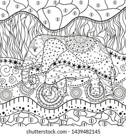 Abstract elephant on square pattern. Hand drawn animal with ornate patterns on isolation background. Design for spiritual relaxation for adults. Black and white illustration for coloring