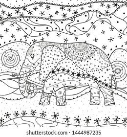 Abstract elephant on square pattern. Hand drawn animal with ornate patterns on isolation background. Design for spiritual relaxation for adults. Black and white illustration for coloring