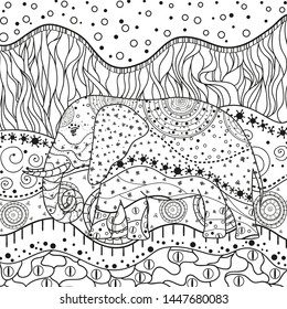 Abstract elephant on square pattern. Hand drawn animal with ornate patterns on isolation background. Design for spiritual relaxation for adults. Black and white illustration for coloring