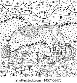 Abstract elephant on square pattern. Hand drawn animal with ornate patterns on isolation background. Design for spiritual relaxation for adults. Black and white illustration for coloring