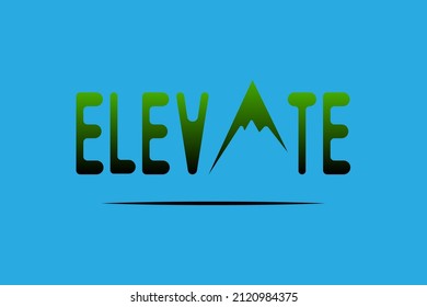 Abstract Elevate Logo. Natural mountain icon in ELEVATE lettering isolated on Blue Background.