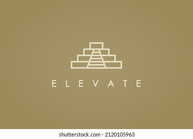 Abstract Elevate Logo. White Geometric Striped Lines Stairs Symbol Isolated On Gold Background. Flat Vector Logo Design Template Element For Business And Branding Logos.