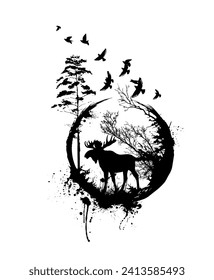 Abstract Elk with trees. hand drawing. Not AI. Vector illustration