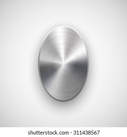 Abstract ellipse badge, blank button template with metal texture (chrome, silver, steel), realistic shadow and light background for web user interfaces, UI, applications and apps. Vector illustration.