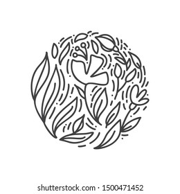 Abstract emblem flower in a circle in linear style. Monoline vector plant logo for design of natural products, flower shop, cosmetics, ecology concepts, health, spa, yoga center