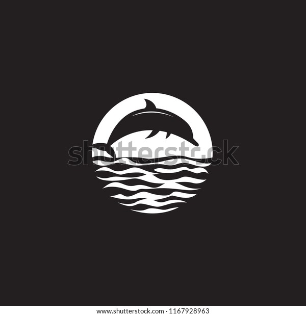 abstract\
emblem of jumping dolphin, sun and sea\
wave