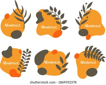 Abstract emblem label or logo design set, liquid stains with plants in modern scandinavian style. Vector illustration