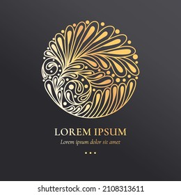 Abstraktes Emblem mit Blättern in kreisförmiger Form. Kann für Schmuck-, Beauty- und Modebranche verwendet werden. Ideal für Logo, Monogramm, Einladung, Flyer, Menü, Hintergrund oder jede erwünschte Idee.