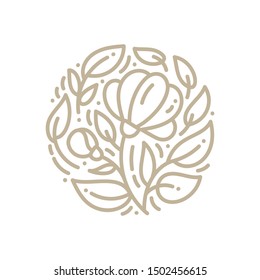 Abstract emblem logo flower in a circle in linear style. Monoline vector plant for design of natural products, flower shop, cosmetics, ecology concepts, health, spa, yoga center