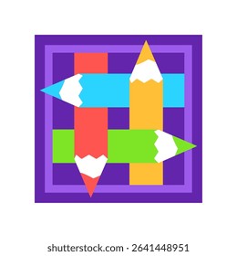 Abstract emblem logo made of colored pencils. Creativity, art and art studio. Multicolored square icon. Flat vector illustration isolated on white background