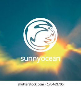 Abstract emblem with solar disk and is reflected in it the water ripples