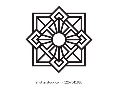 Abstract emblem in trendy linear style with sun of sacred icon on geometric. Vector graphic design logo, print, label, badge, sticker, emblem, sign, identity.