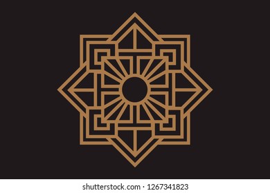 Abstract emblem in trendy linear style with sun of sacred icon on geometric. Vector graphic design logo, print, label, badge, sticker, emblem, sign, identity.