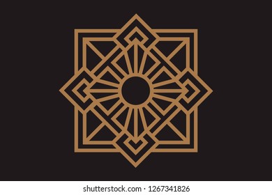 Abstract emblem in trendy linear style with sun of sacred icon on geometric. Vector graphic design logo, print, label, badge, sticker, emblem, sign, identity.