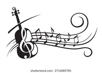 Emblema abstracto del violín y de las notas musicales aisladas en el fondo blanco