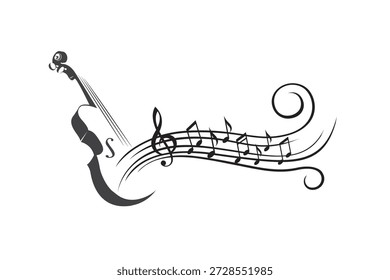 Emblema abstracto del violín y de las notas musicales aisladas en el fondo blanco