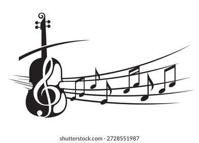 abstract emblem of violin and music notes isolated on white background
