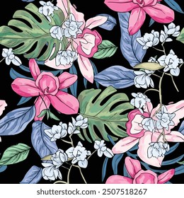 Abstract an embossed blooming bright flower motif arrangement all- over textile design illustration digital image printing factory.
