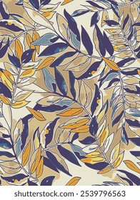 Abstract an embossed blooming bright leaves motif arrangement all- over textile design illustration digital image printing factory