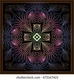 abstract embossed floral mandala pattern of interwoven lines and brown frame on a black background