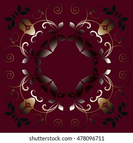 abstract embossed retro decor, floral pattern of gold color on a red background