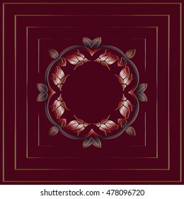 abstract embossed retro decor, floral pattern of gold color on a red background in the framework
