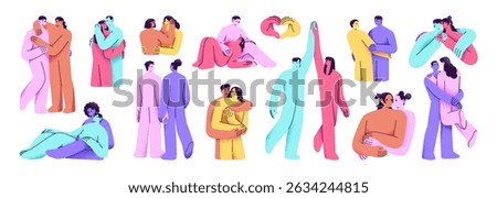 Abstract embracing romantic couples set. Colourful beloved characters love and hug together. Happy lovers cuddle, hold hands, support, enjoy the feelings. Flat isolated vector illustrations on white