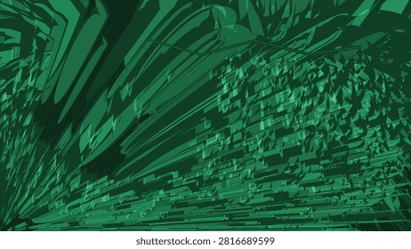 Abstract emerald green geometric shard explosion with dynamic angular fragments and radial speed lines forming a futuristic technology background