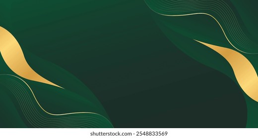 Abstract emerald green luxury background with gold lines. Elegant wave modern wallpapers. Suitable for templates, banners, cards, sales, ads, events, awards, web and pages
